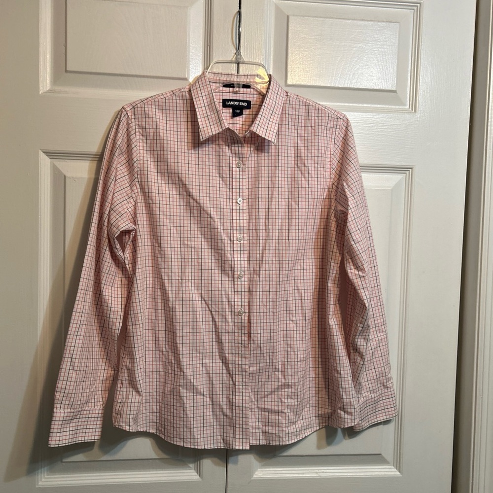 6/18/26Lands' End Top Shirt Size 12P No Iron Supima White Pink Multicolor Stripe